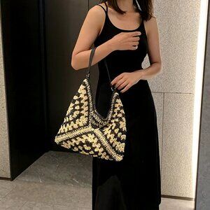 Resort Retreat Boho Charm Rattan Straw Woven Tote Summer Bag Purse Black Beige